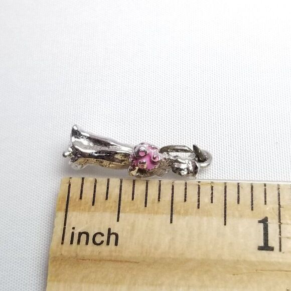 Vintage Bride with Bouquet Charm Pendant, Silver Tone Pink Enamel, Wedding - Picture 5 of 7